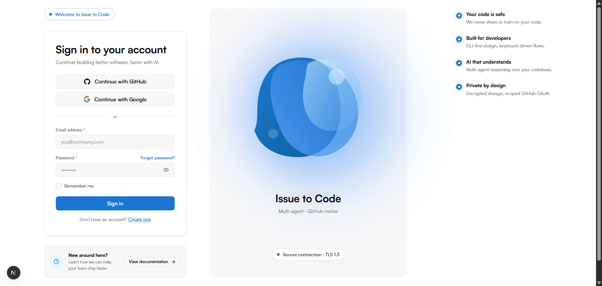 Login screen with GitHub and email options.