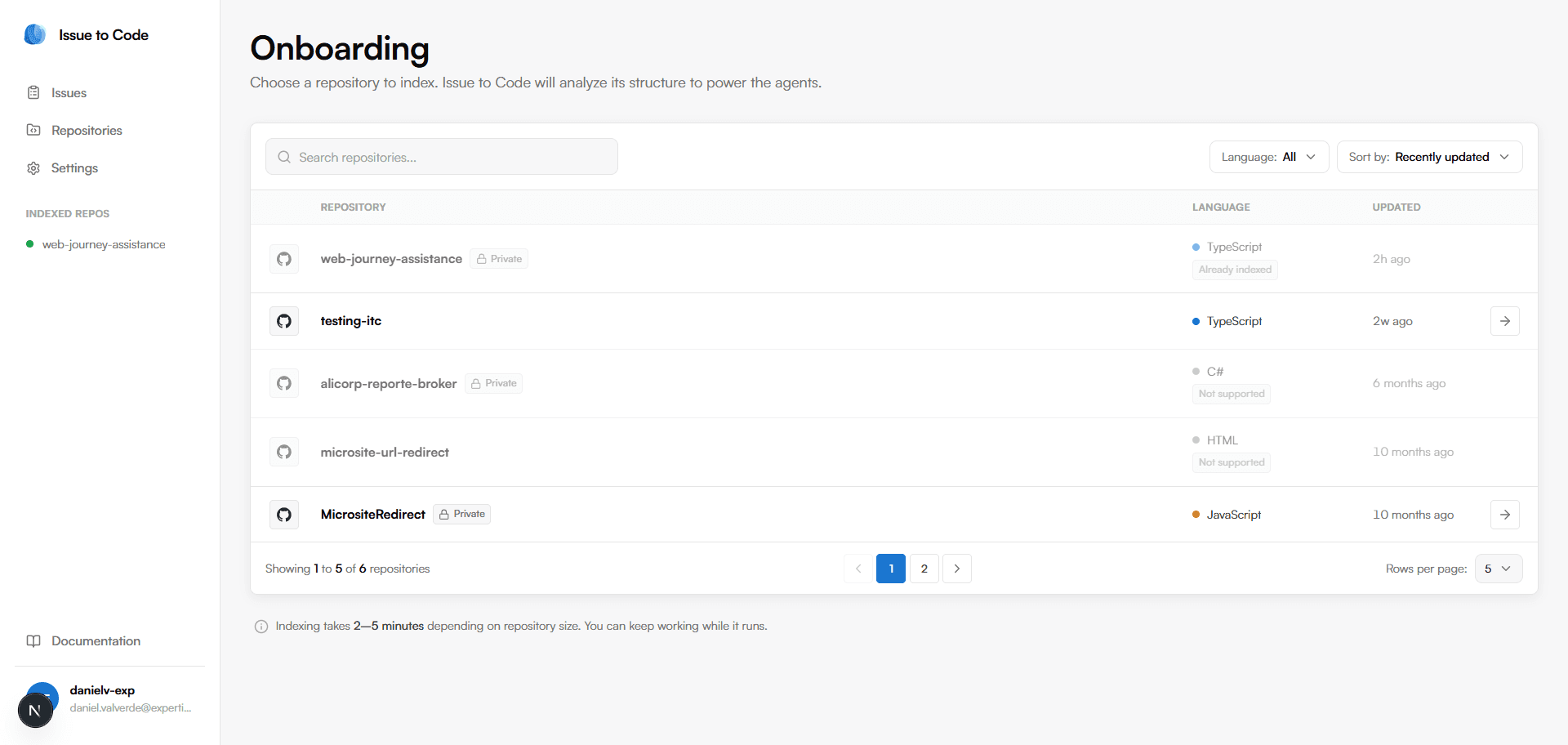 Onboarding screen showing the list of GitHub repositories the user can index.