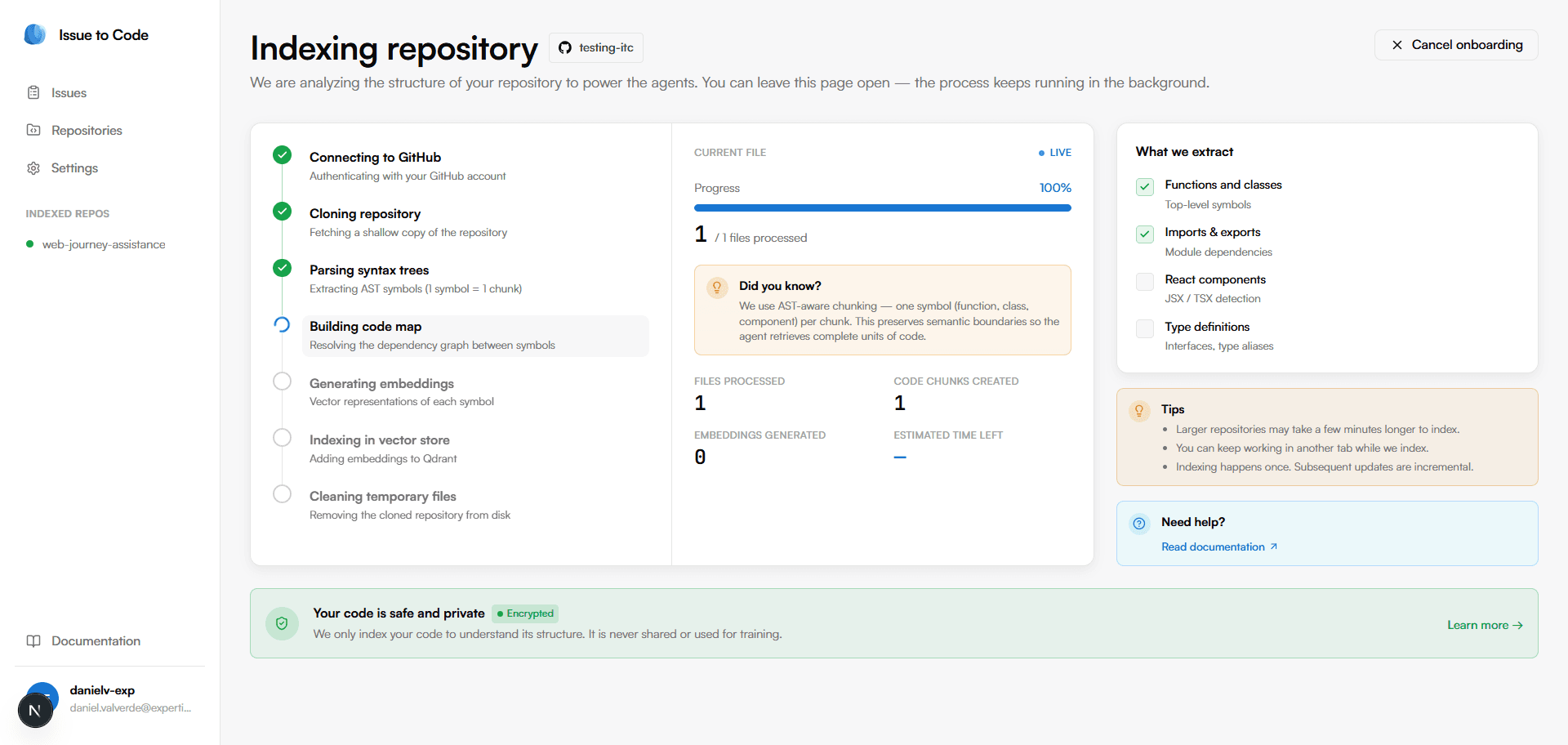 Indexing progress screen with the 7-step pipeline running.