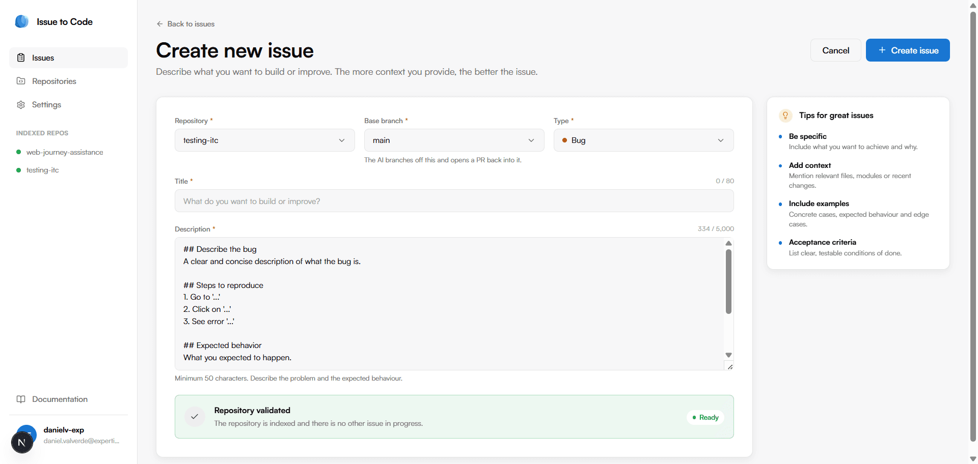 Create-issue form with the type-aware description template.