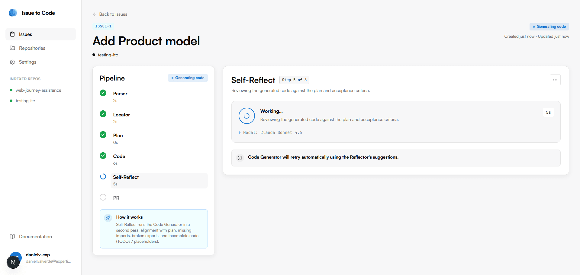 Issue detail view streaming the pipeline live, with elapsed times next to each step.