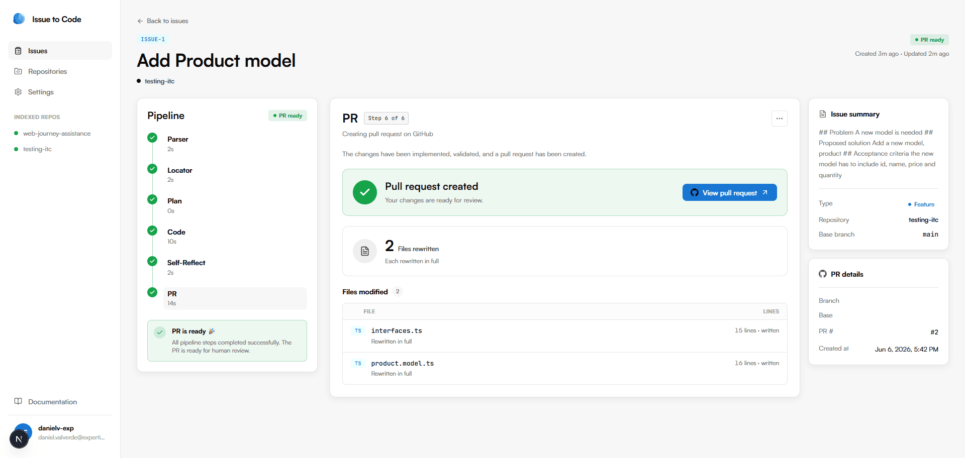 PR ready screen with the View pull request button and the list of files modified.