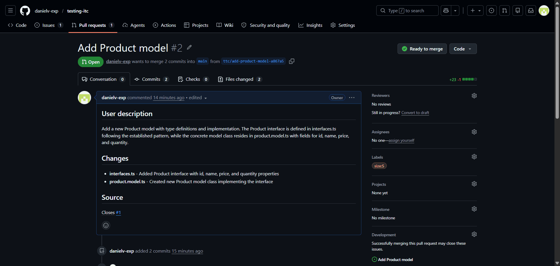 Pull request opened on GitHub showing the generated branch, the description and the file changes.