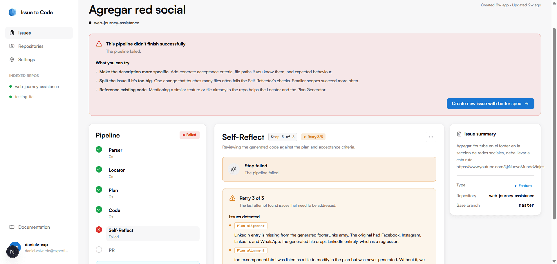 Failure card with retry suggestions and the Create new issue with better spec button.